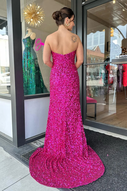 Sweep/Brush Train Dresses Strapless Sparking Sequins Long Prom Dress with Slit