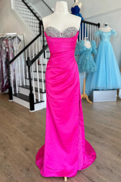 Sweep/Brush Train Dresses Fuchsia Sweetheart Beaded Satin Long Prom Dress