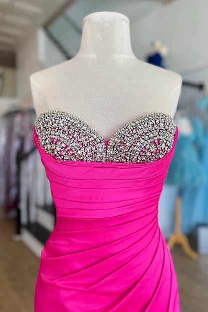 Sweep/Brush Train Dresses Fuchsia Sweetheart Beaded Satin Long Prom Dress