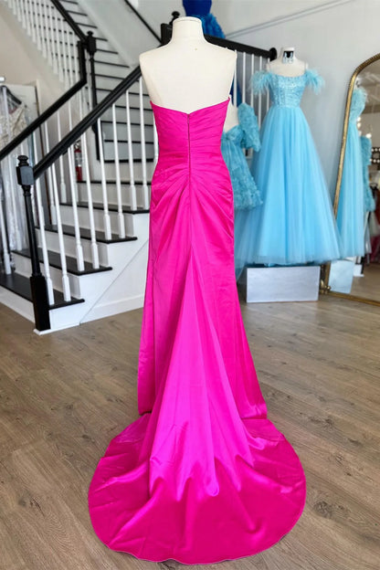 Sweep/Brush Train Dresses Fuchsia Sweetheart Beaded Satin Long Prom Dress