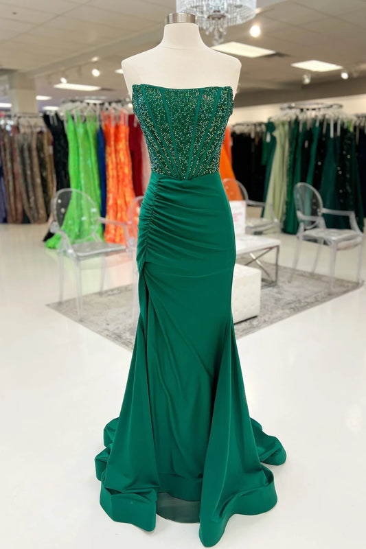 Sheath Mermaid Strapless Sweep/Brush Train Dresses Beaded Pleated Long Prom Dress