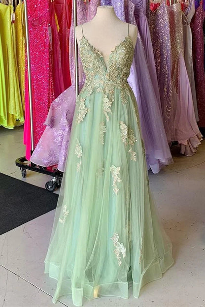 A Line V Neck Straps Floor Length Beaded Appliques Keyhole Long Prom Dress with Slit