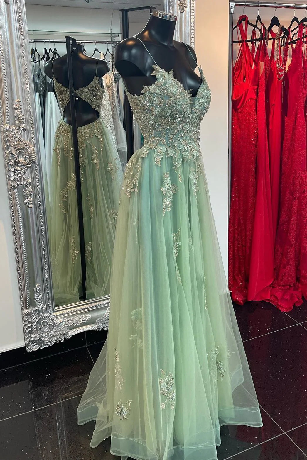 A Line V Neck Straps Floor Length Beaded Appliques Keyhole Long Prom Dress with Slit