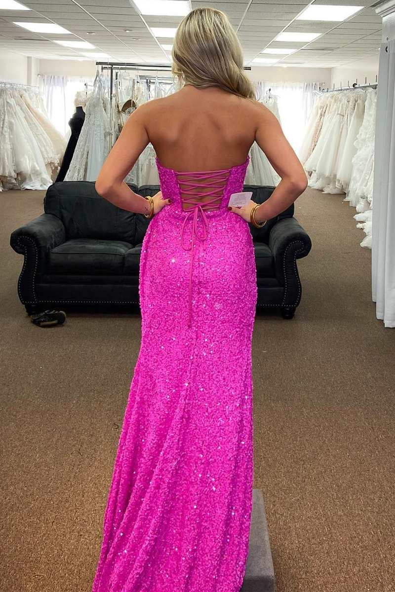 Sheath Mermaid Strapless Sequins Sweep/Brush Train Dresses Lace-Up Long Prom Dress with Slit