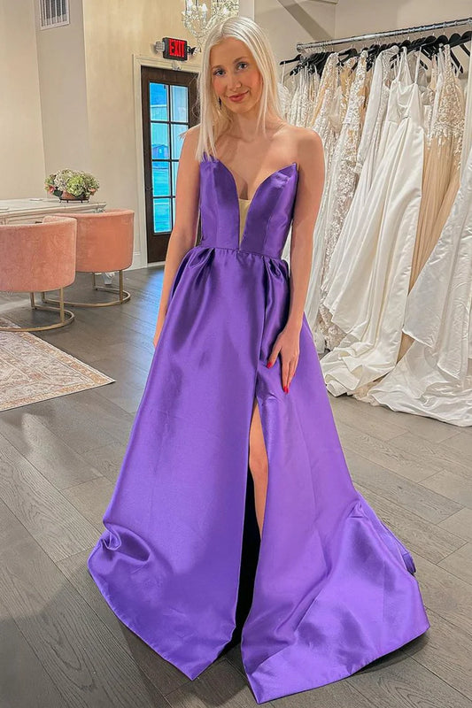 Sweep/Brush Train Dresses Strapless Plunging V Neck Satin Long Prom Dress with Slit