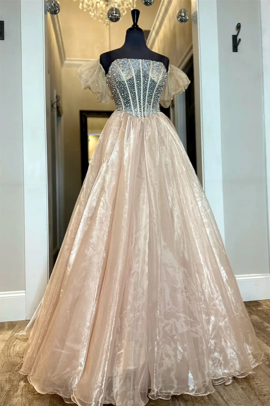 Evening Dress Puff Off-the-Shoulder Floor Length Beaded Organza Long Prom Dress