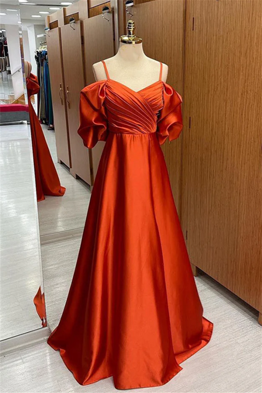 Sweep/Brush Train Dresses Off-the-Shoulder Straps Pleated Satin Long Prom Dress