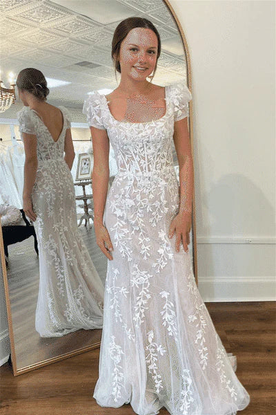 Sweep/Brush Train Dresses Square Neck Puff Sleeves Appliques Tulle Long Prom Dress