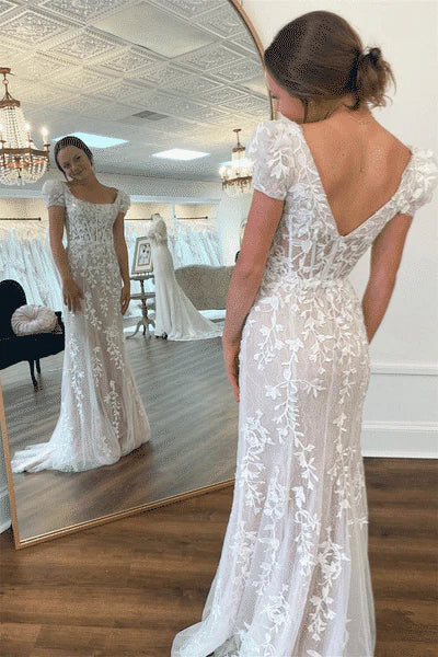 Sweep/Brush Train Dresses Square Neck Puff Sleeves Appliques Tulle Long Prom Dress