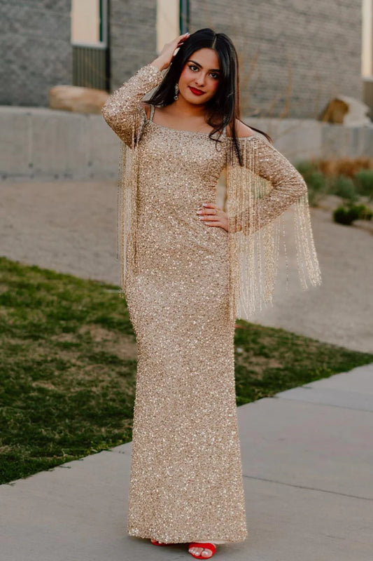 Sleek Glitter Sparking Off-the-Shoulder Floor Length Long Sleeves Sequins Long Prom Dress with Tassels