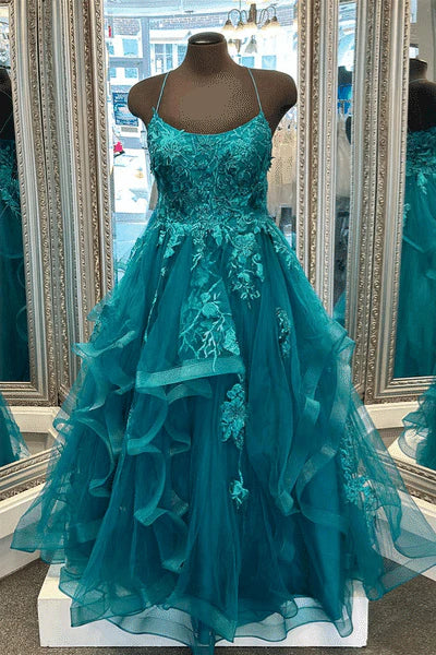 Evening Gown Layers Scoop Neck Straps Appliques Tiered Tulle Long Prom Dress