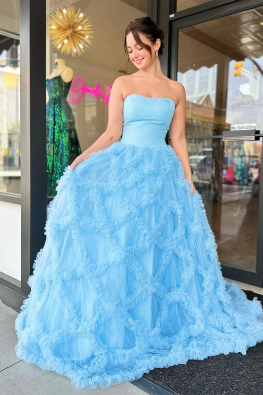 Sweep/Brush Train Dresses Tulle Ruffled Net Strapless Long Prom Dress