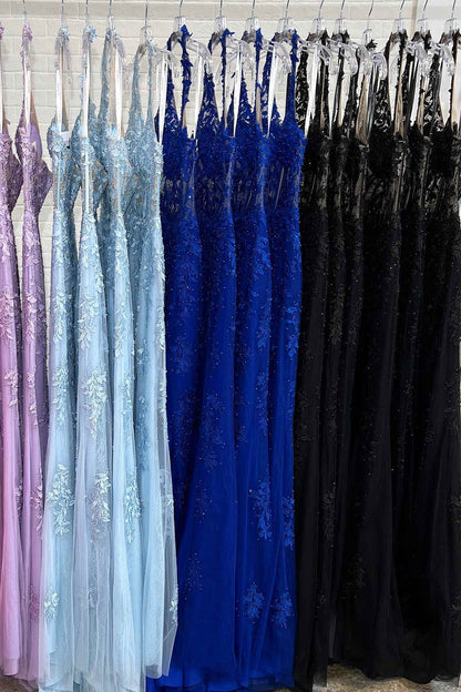 Sweep/Brush Train Dresses Sheath Halter Neck  Lace Corset Slit Long Prom Dress with Appliques