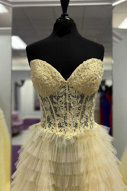 Sweep/Brush Train Dresses Layers Yellow Lace Corset Tiered Tulle Prom Dress