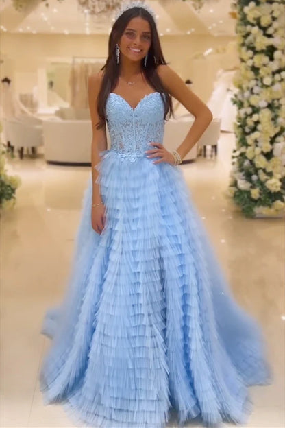 Sweep/Brush Train Dresses Layers Yellow Lace Corset Tiered Tulle Prom Dress