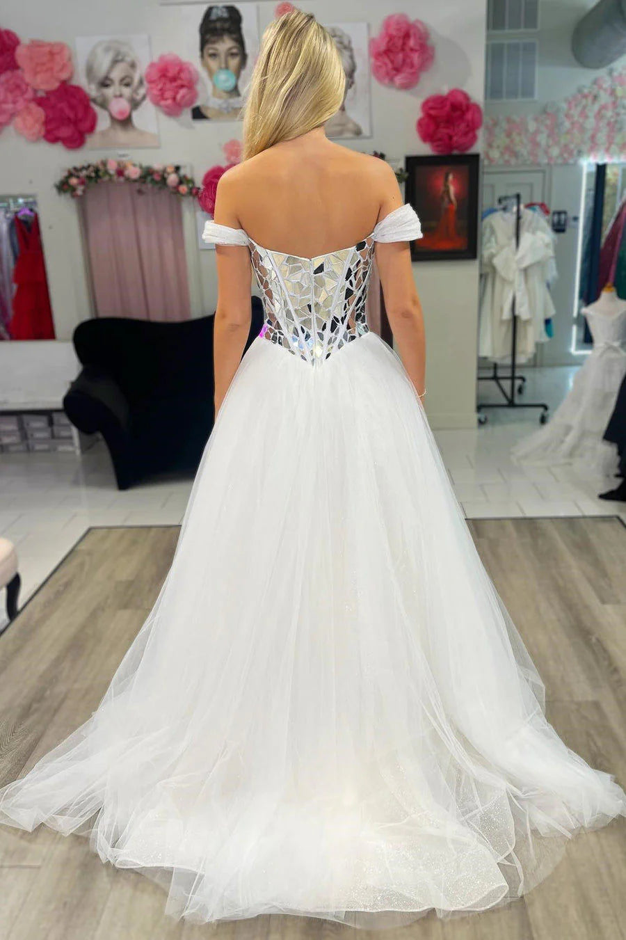 Sweep/Brush Train Dresses Off the Shoulder Silver Mirror Sequin A-Line Prom Dress