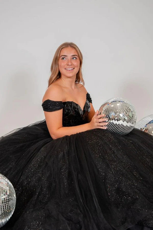 Sweep/Brush Train Dresses Off the Shoulder Silver Mirror Sequin A-Line Prom Dress