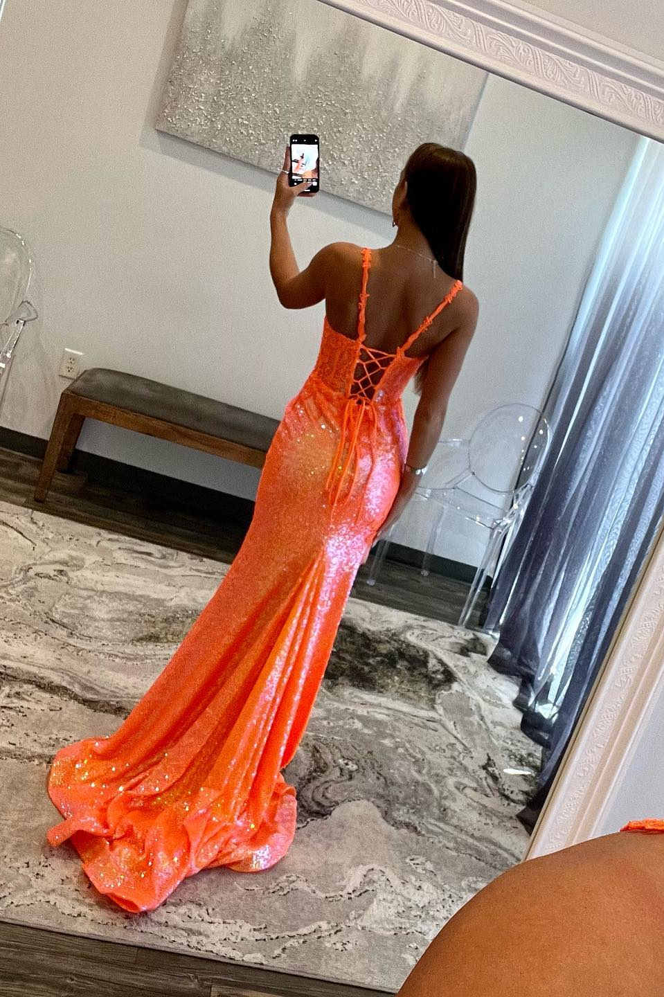 Sweep/Brush Train Dresses Straps Orange Sequin Long Prom Dress with Appliques