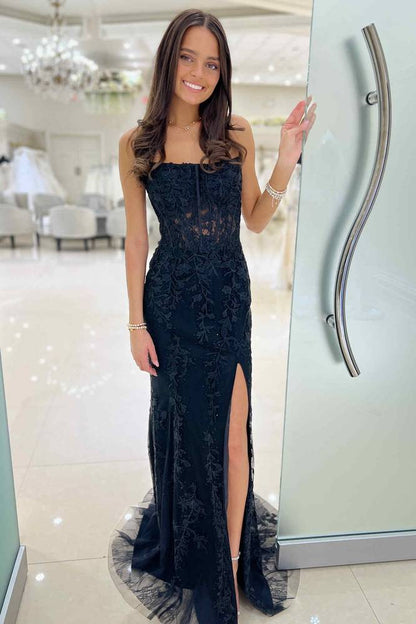 Sweep/Brush Train Dresses Strapless Lace Corset Mermaid Slit Long Prom Dress