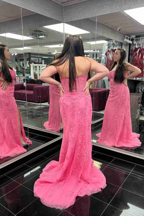 Sweep/Brush Train Dresses Strapless Lace Corset Mermaid Slit Long Prom Dress