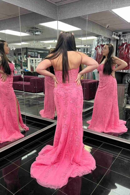Sweep/Brush Train Dresses Strapless Lace Corset Mermaid Slit Long Prom Dress