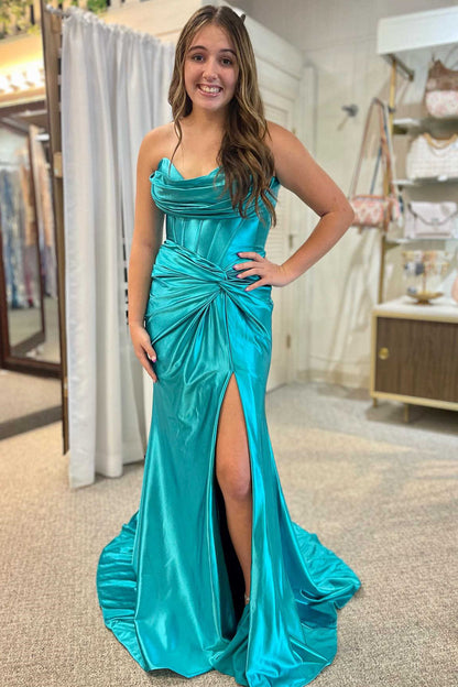 Sweep/Brush Train Dresses Strapless Ruched Mermaid Long Formal Dress with Slit