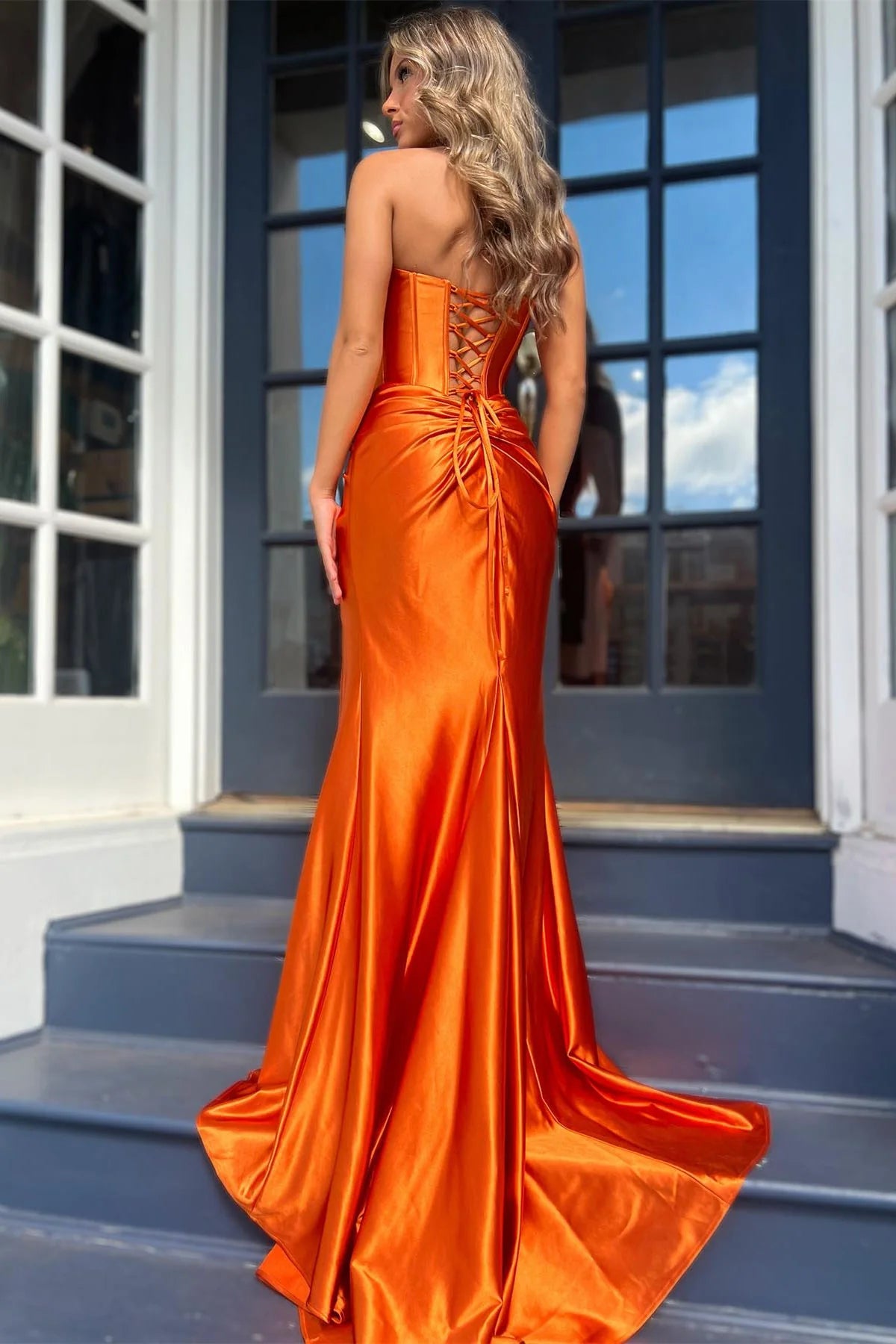 Sweep/Brush Train Dresses Strapless Ruched Mermaid Long Formal Dress with Slit