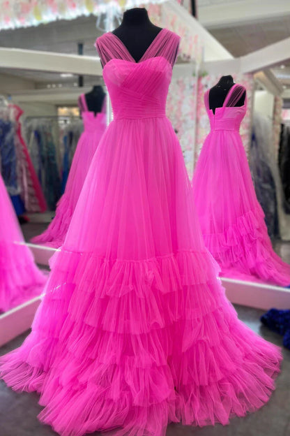 Sweep/Brush Train Dresses Tiered  V-Neck Hot Pink Layered Tulle Formal Dress