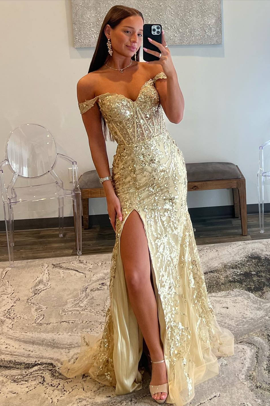 Sweep/Brush Train Dresses Off the Shoulder Gold Sequin Corset Mermaid Prom Dress with Slit