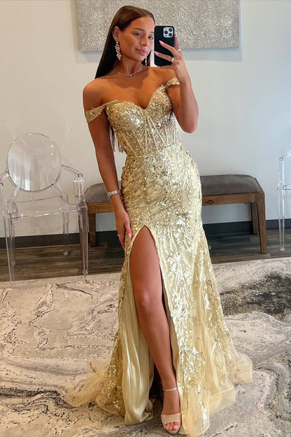 Sweep/Brush Train Dresses Off the Shoulder Gold Sequin Corset Mermaid Prom Dress with Slit