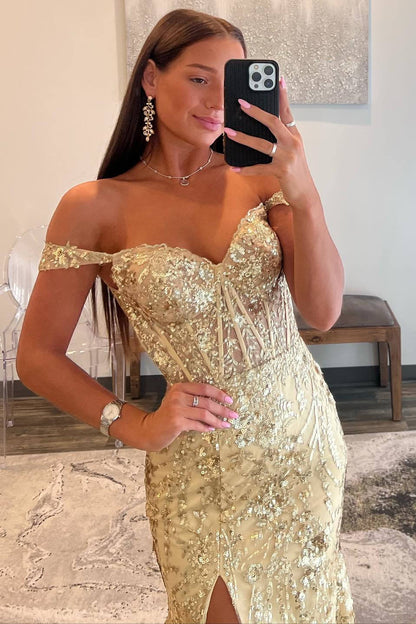 Sweep/Brush Train Dresses Off the Shoulder Gold Sequin Corset Mermaid Prom Dress with Slit