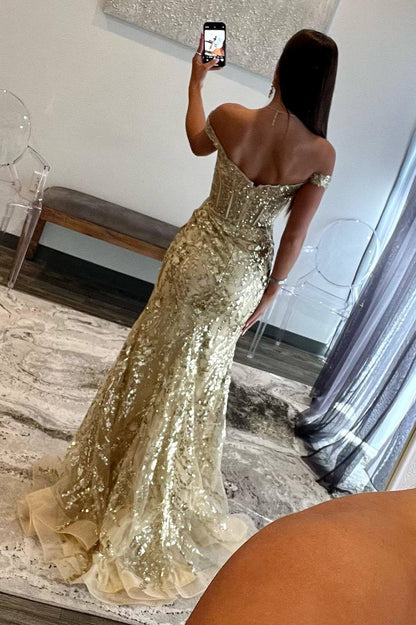 Sweep/Brush Train Dresses Off the Shoulder Gold Sequin Corset Mermaid Prom Dress with Slit