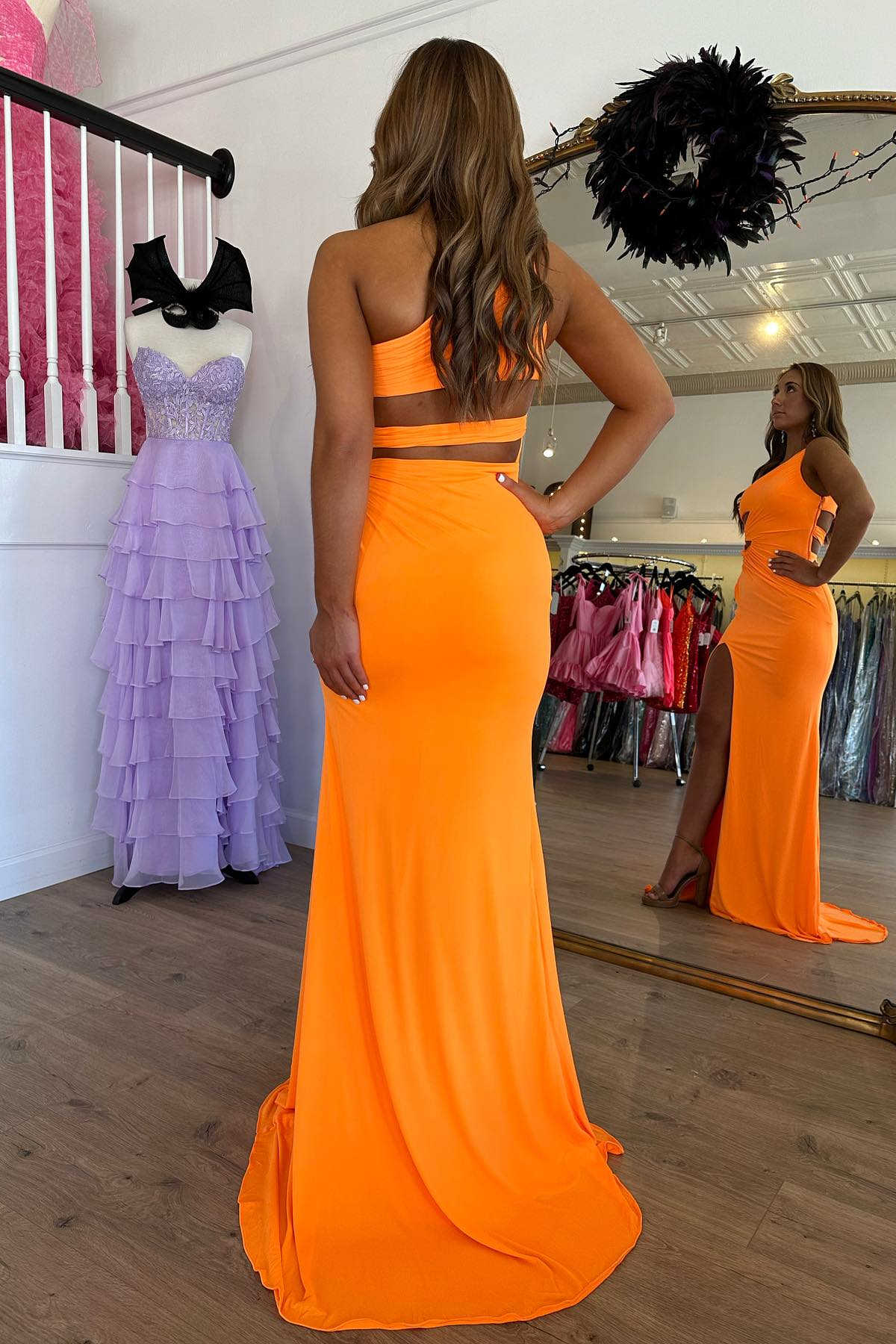 Sweep/Brush Train Dresses Orange One Shoulder Cut Out Waist Mermaid Prom Dress