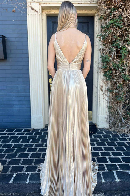 Sweep/Brush Train Dresses  Plunging V-Neck Gold Pleated Long Prom Dress