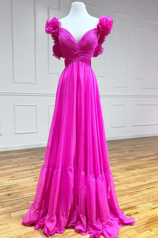 Floor Length  Lace-Up Fuchsia V-Neck Ruffle Pleated Long Prom Dress