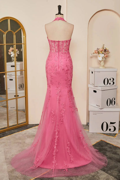 Sweep/Brush Train Dresses Sheath Halter Neck  Lace Corset Slit Long Prom Dress with Appliques