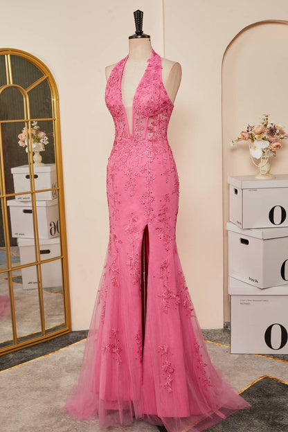 Sweep/Brush Train Dresses Sheath Halter Neck  Lace Corset Slit Long Prom Dress with Appliques