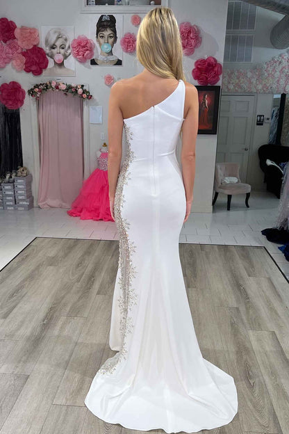 Sheath Mermaid Brush Train Evening Dresses White One Shoulder Beaded Long Formal Dress