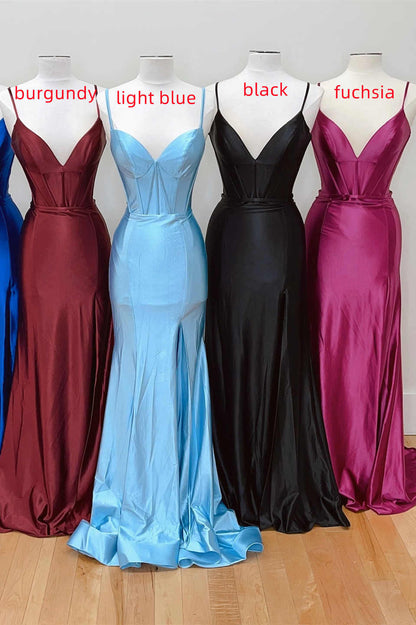 A Line Spaghetti Straps  Sweep/Brush Train Evening Dresses V Neck Long Prom Dress with Slit