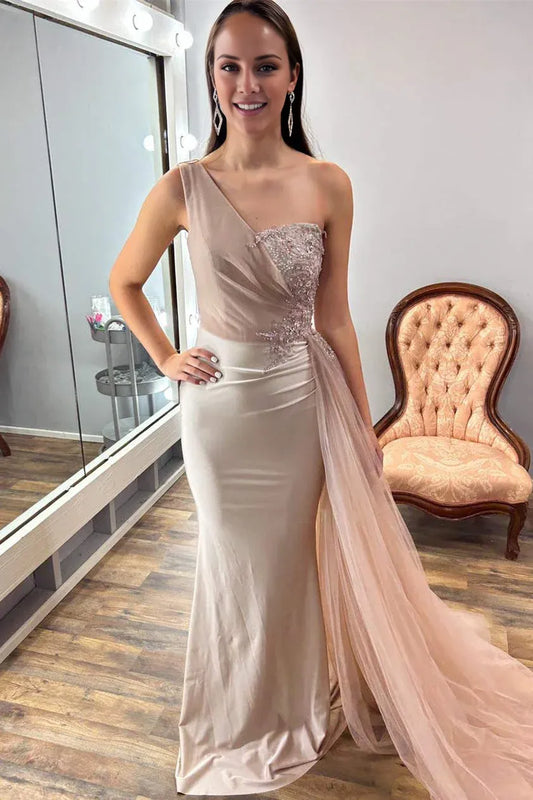 Sheath Mermaid  One Shoulder  Sweep/Brush Train Evening Dresses Nude Appliques Long Prom Dress with Cape