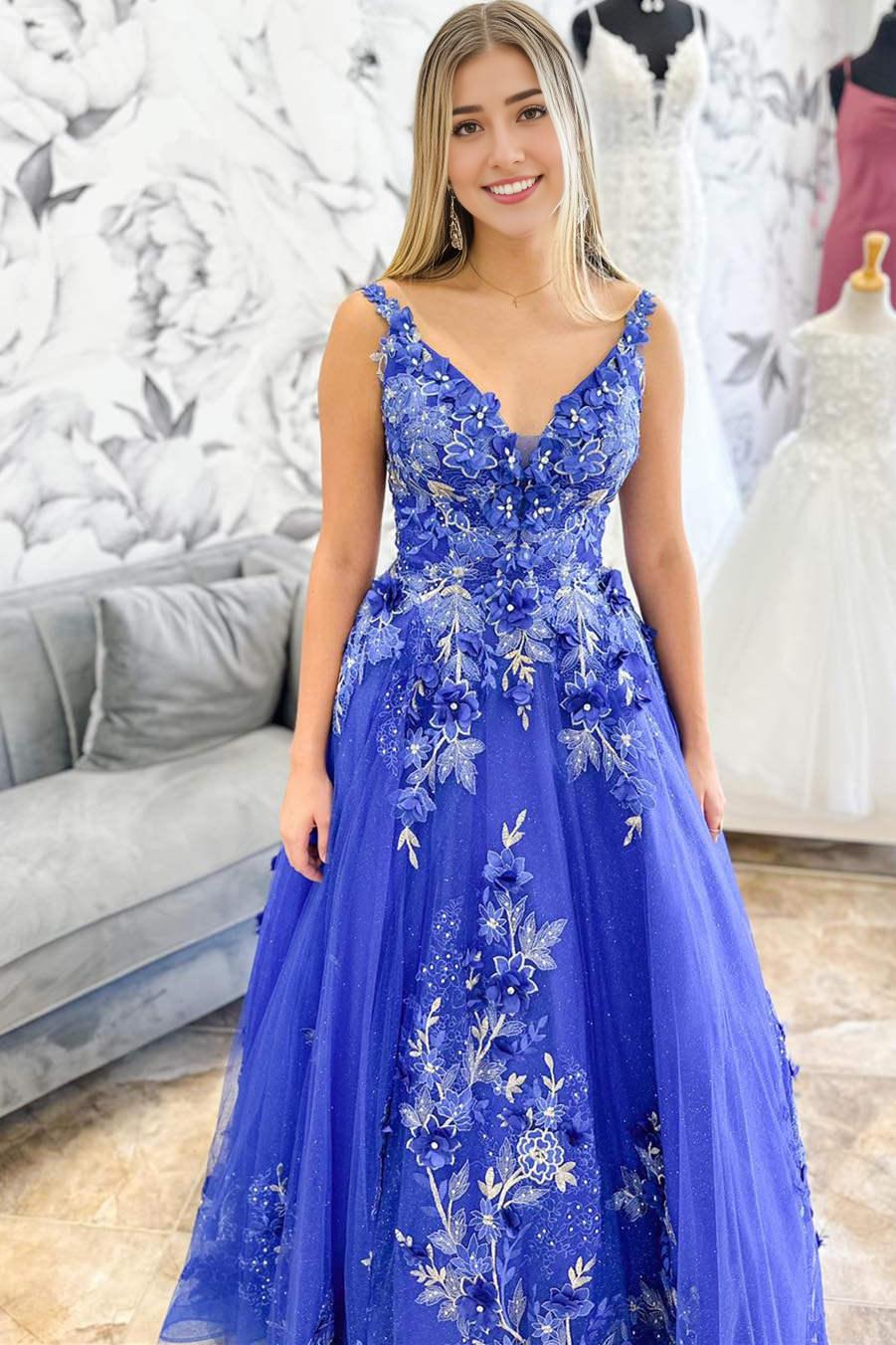 A-Line V-Neck Floor Length Ball Gown Floral Embroidery Long Prom Dress With Appliques