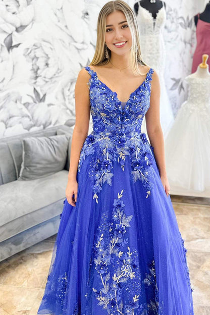 A-Line V-Neck Floor Length Ball Gown Floral Embroidery Long Prom Dress With Appliques