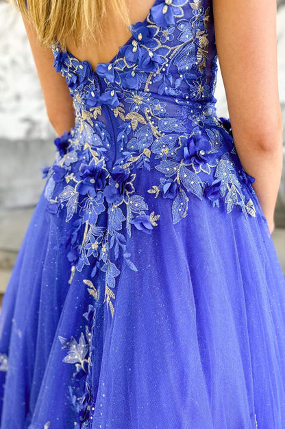 A-Line V-Neck Floor Length Ball Gown Floral Embroidery Long Prom Dress With Appliques