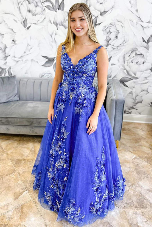 A-Line V-Neck Floor Length Ball Gown Floral Embroidery Long Prom Dress With Appliques