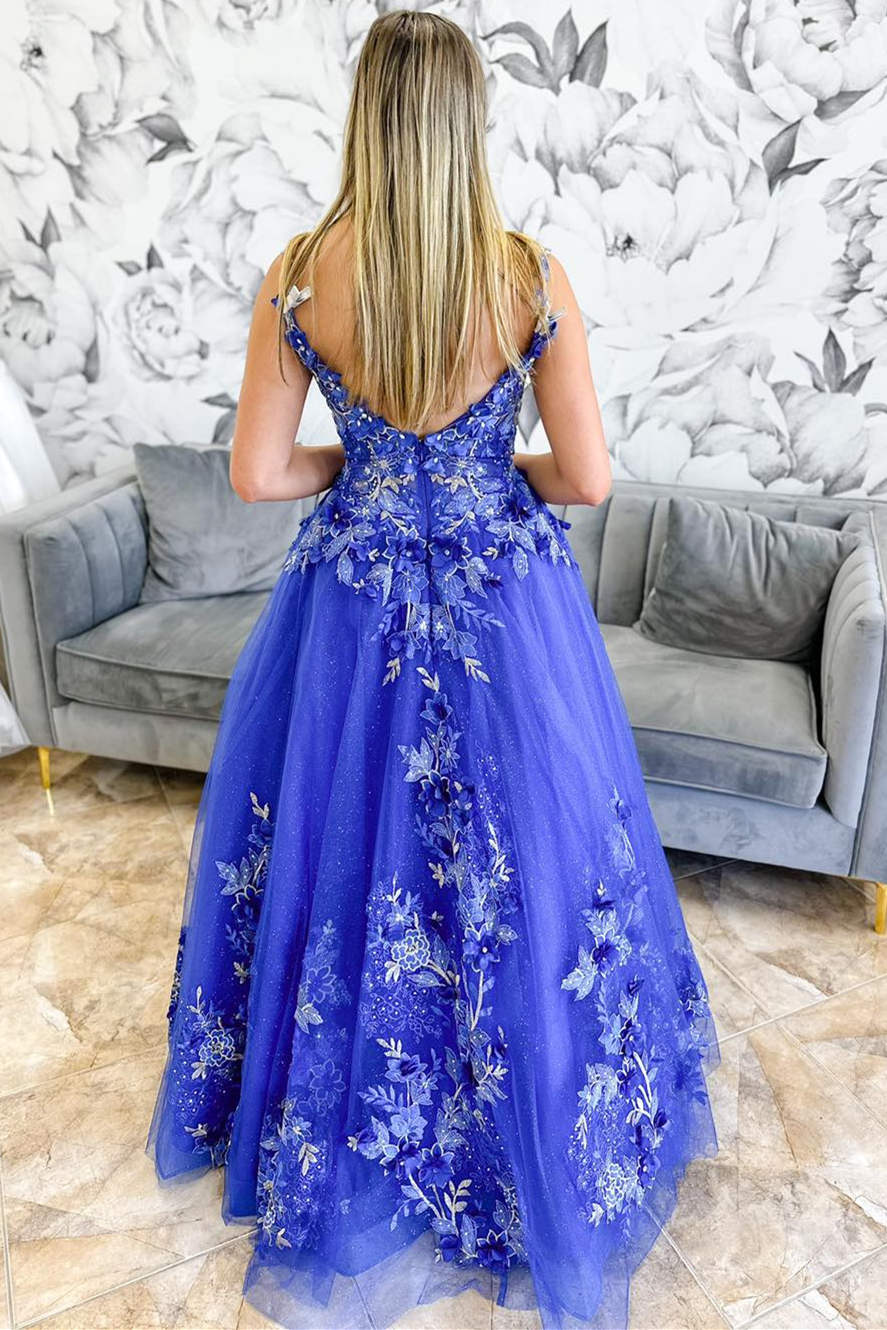 A-Line V-Neck Floor Length Ball Gown Floral Embroidery Long Prom Dress With Appliques
