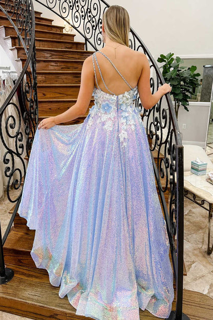 Princess Lilac Floor Length One Shoulder 3D Flowers Sequin Long Formal Dress