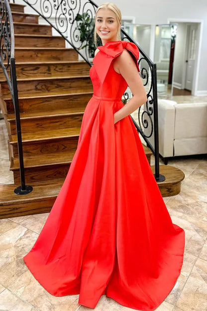 Sweep/Brush Train Evening Dresses One Shoulder Bow Tie Satin Prom Dress with Pockets