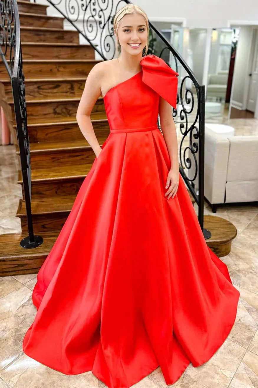 Sweep/Brush Train Evening Dresses One Shoulder Bow Tie Satin Prom Dress with Pockets