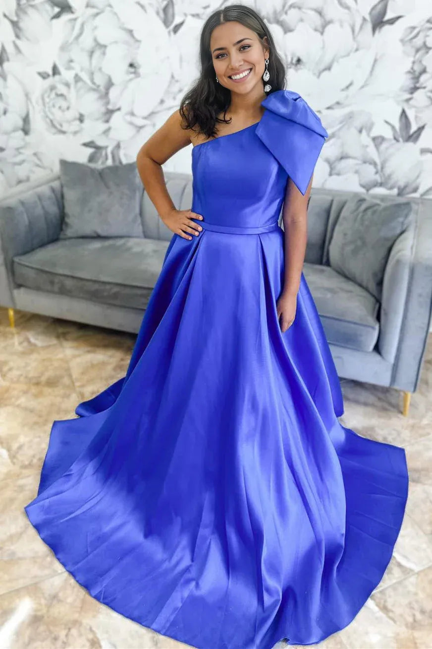 Sweep/Brush Train Evening Dresses One Shoulder Bow Tie Satin Prom Dress with Pockets