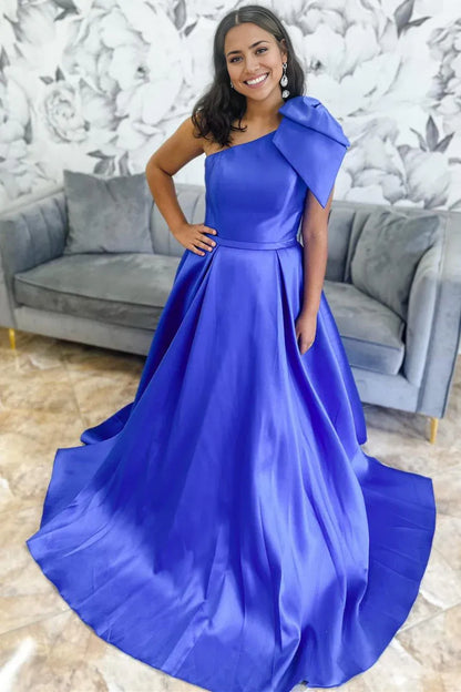 Sweep/Brush Train Evening Dresses One Shoulder Bow Tie Satin Prom Dress with Pockets